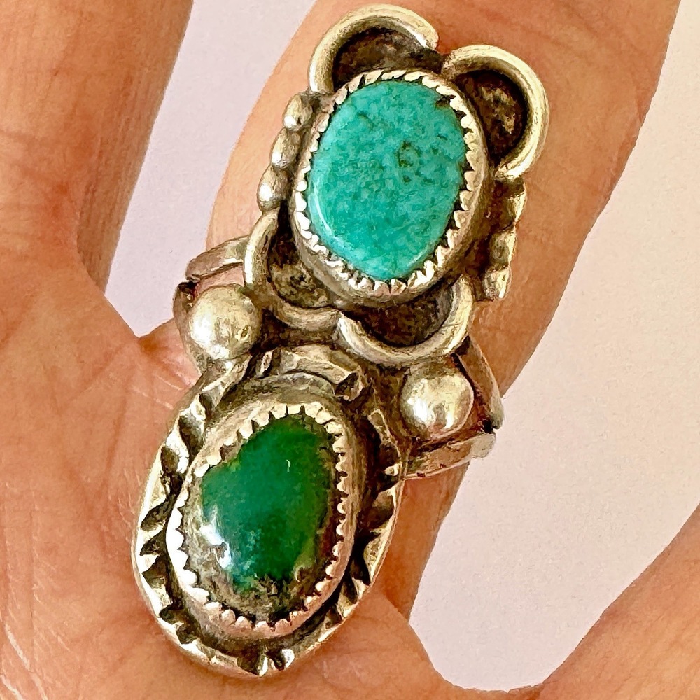 Old Navajo Turquoise Ring Sz 6.5 Two Stone Sterling‎ VTG Mis Match 60s Native